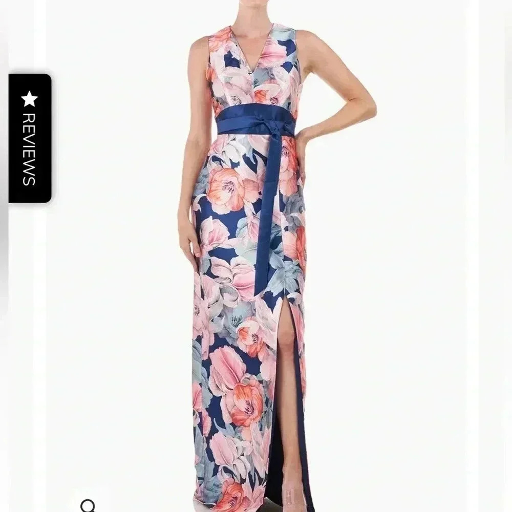 Kay Unger CALLA COLUMN GOWN floral v neck shash size 10